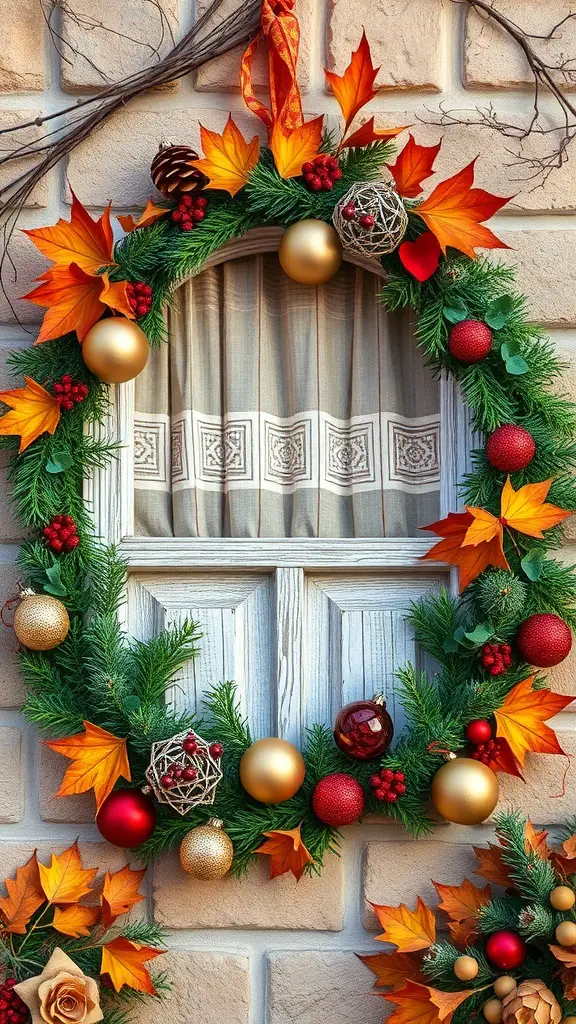 A decorative wreath with autumn leaves and ornaments on a door.