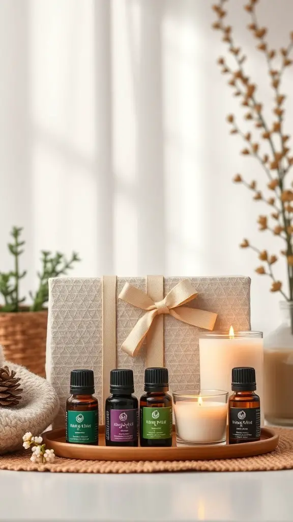 A spa gift set featuring essential oils, candles, and a cozy towel, arranged beautifully for relaxation.