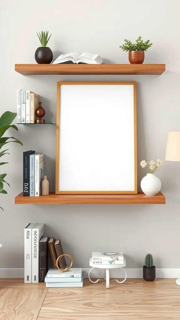 Modern shelving unit with books, plants, and a blank frame
