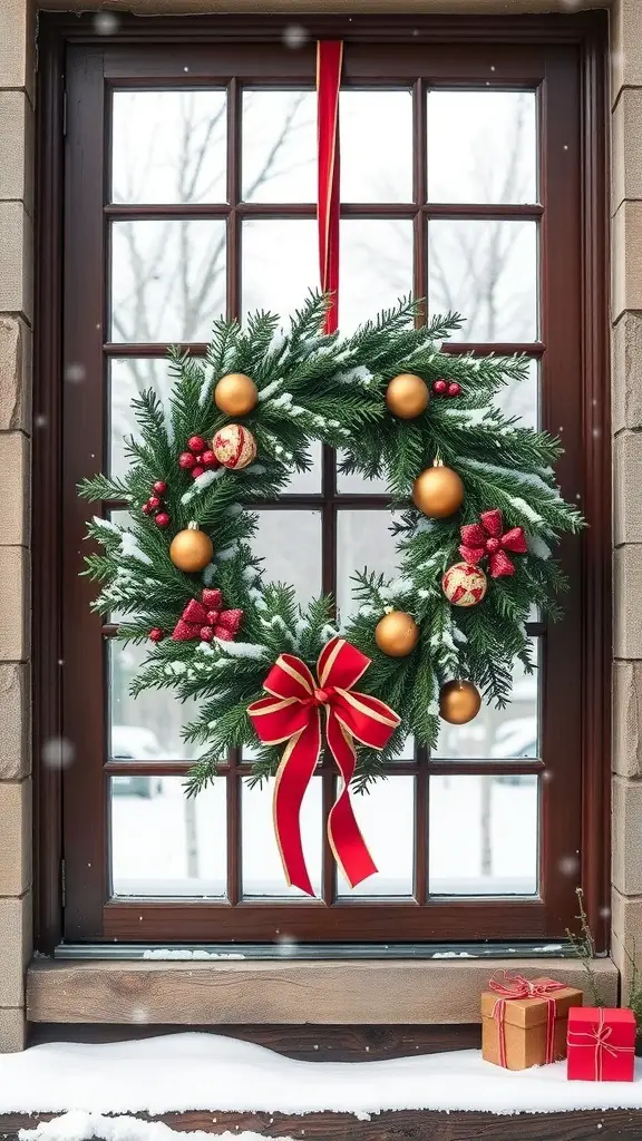 23+ Stunning Christmas Window Decorations to Brighten Your Home 5 A classic Christmas wreath on a windowpane, decorated with ornaments and a red bow, with snow outside and gifts below.