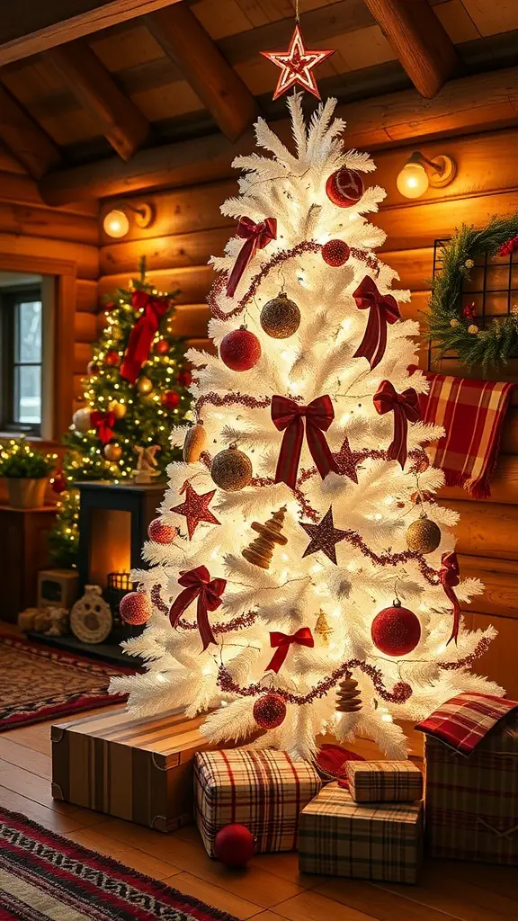 A beautifully decorated white Christmas tree in a cozy cabin setting, surrounded by gifts and warm lighting.