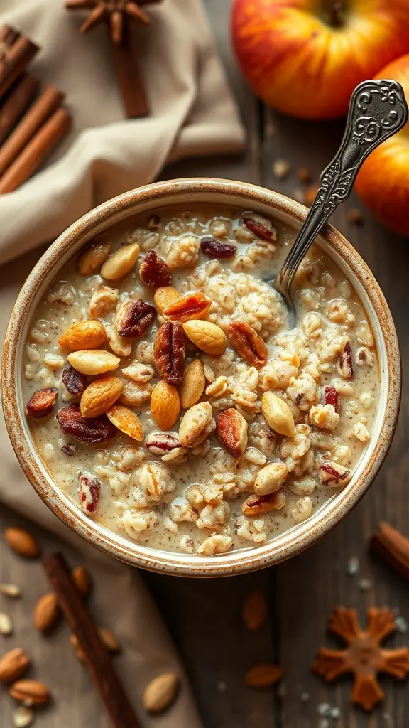A bowl of apple cinnamon oatmeal topped with nuts, surrounded by apples and cinnamon sticks.