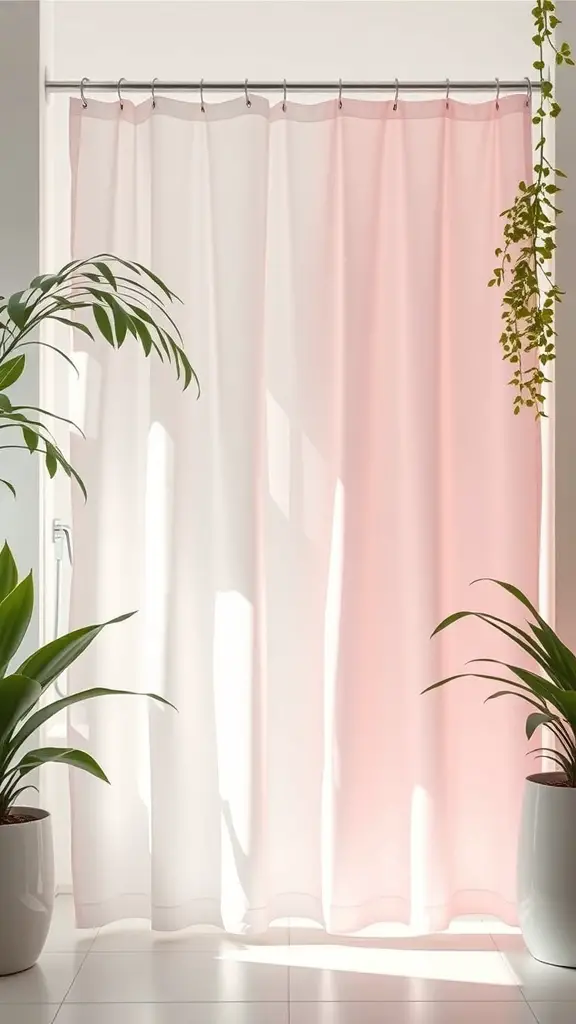 25+ Stunning Boho Shower Curtain Ideas for a Unique Bathroom Decor 3 A soft pastel shower curtain in pink and white, with plants on either side.