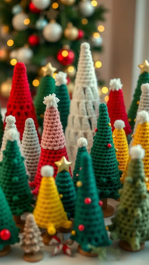 29+ Stunning Crochet Christmas Tree Ideas to Brighten Your Holiday Decor 4 A collection of colorful miniature crochet Christmas trees in various shapes and sizes.