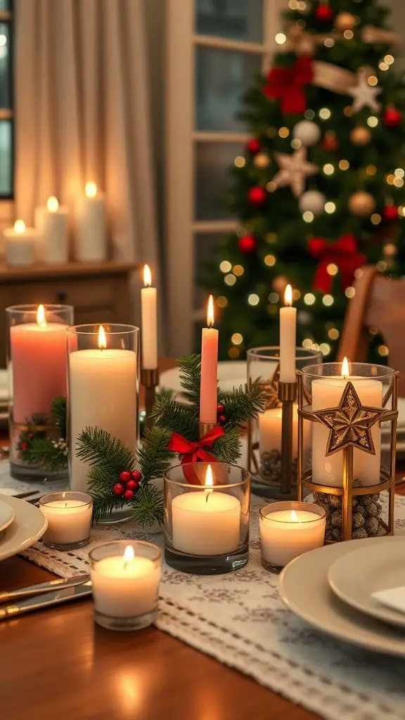 A beautifully decorated dining table with various scented candles and a Christmas tree in the background.