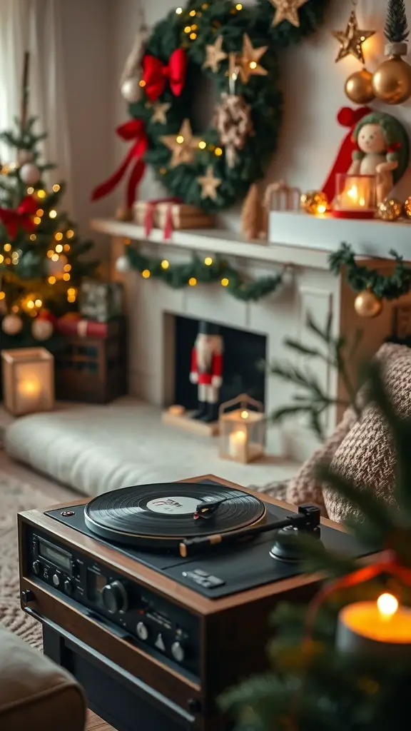 25+ Magical Nutcracker Christmas Decorations You Need This Holiday Season 11 A vintage record player in a cozy Christmas setting with a decorated tree and wreath.