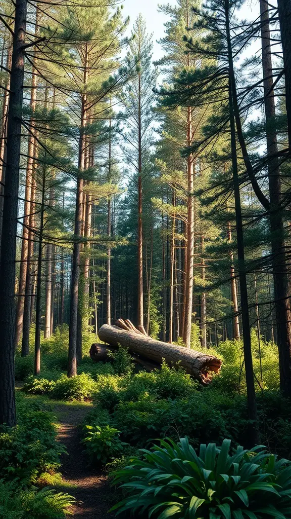 A serene forest scene with tall pine trees and a fallen log, representing sustainable sourcing of Christmas trees.