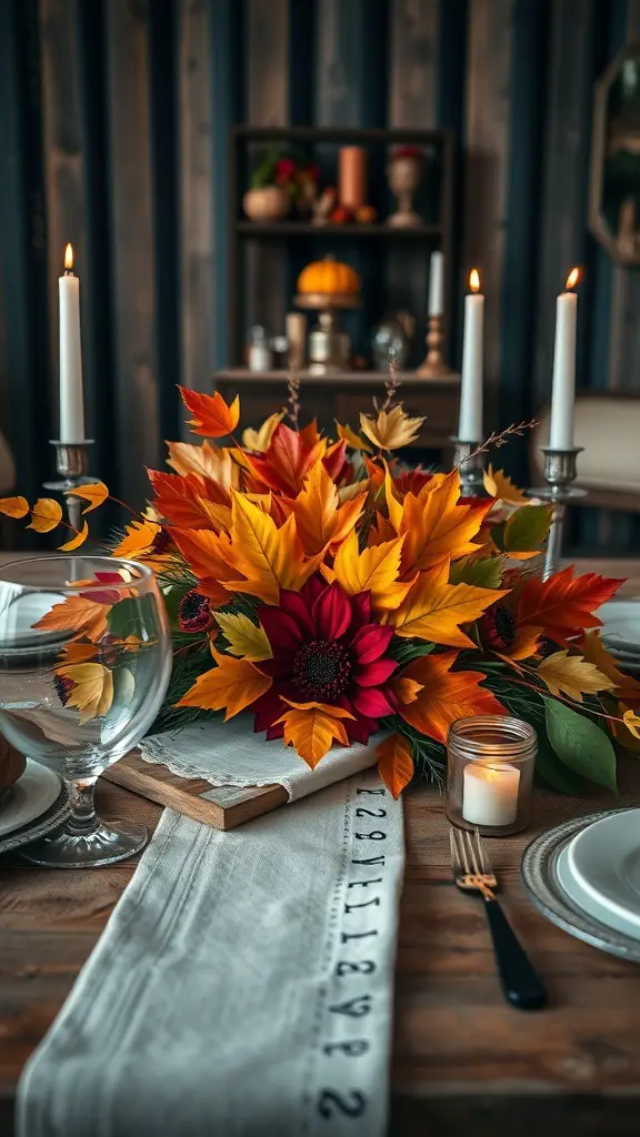 A beautiful autumn leaf centerpiece with colorful leaves and sunflowers on a Thanksgiving table.