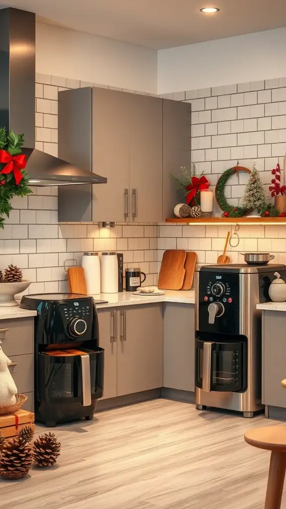 29+ Must-Have Christmas Wishlist Ideas for Everyone 8 A modern kitchen with unique appliances, including an air fryer and a multi-cooker, decorated for Christmas.