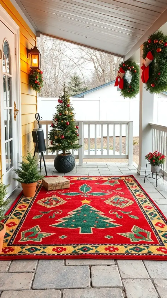 A vibrant outdoor rug with Christmas motifs on a patio, featuring a red background and green designs.