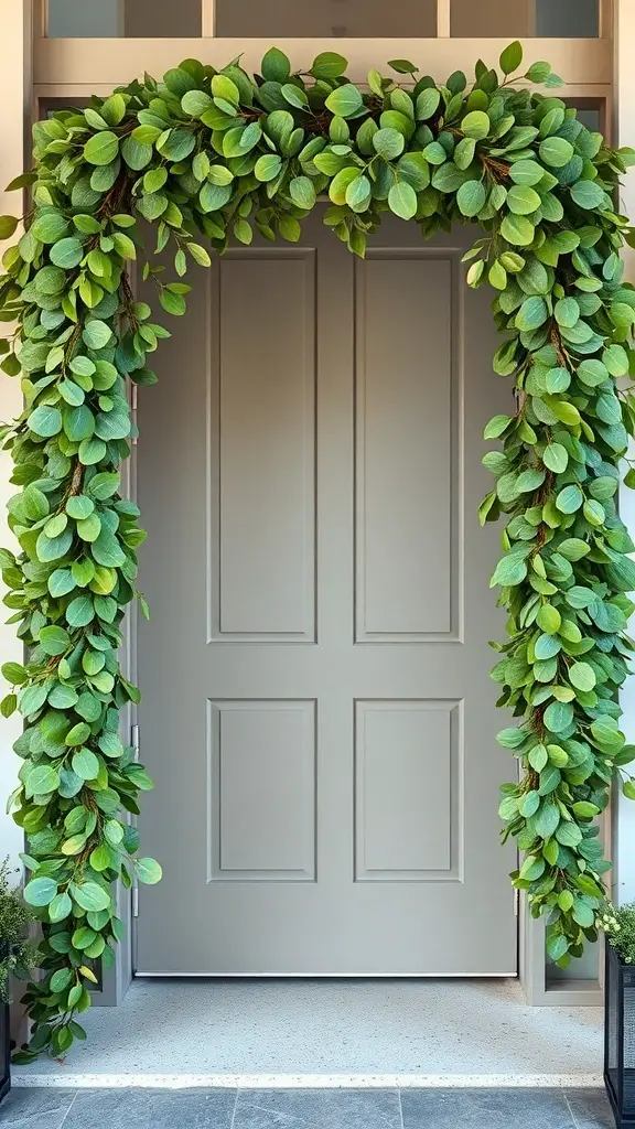 A doorway framed with lush green eucalyptus leaves.