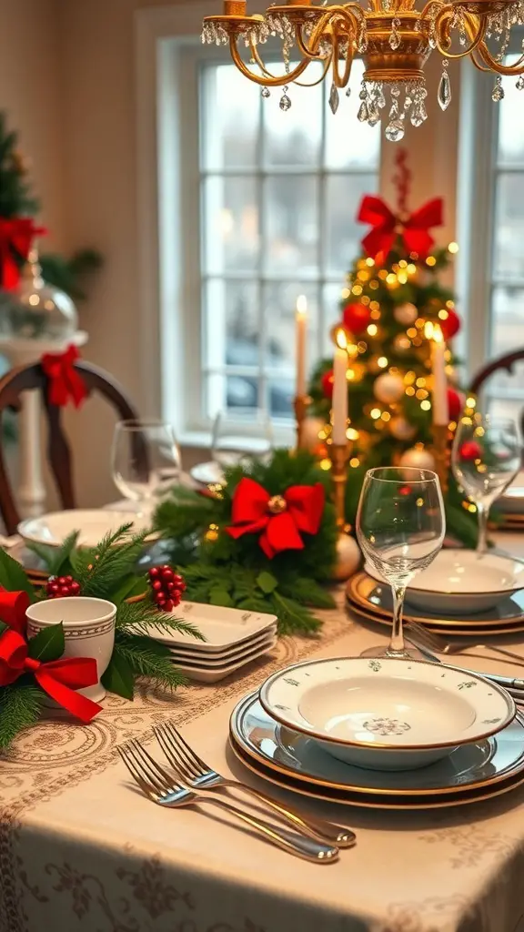 A beautifully decorated Christmas dining table with holiday china, greenery, and festive decor.
