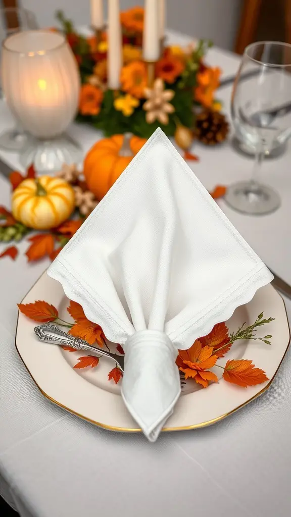 A diamond napkin fold on a plate with autumn leaves and small pumpkins.