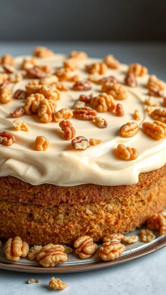A delicious maple walnut cake topped with walnuts and creamy frosting.