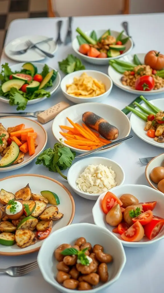 A beautifully arranged table with various dishes including salads, roasted vegetables, and dips for a Thanksgiving meal.