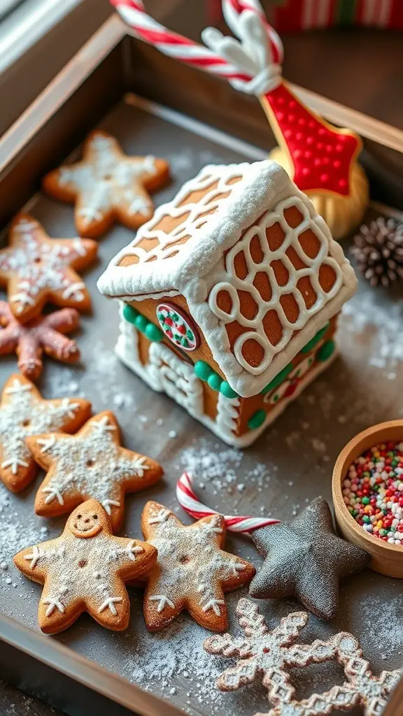 A beautifully decorated gingerbread house surrounded by star-shaped cookies and colorful sprinkles.