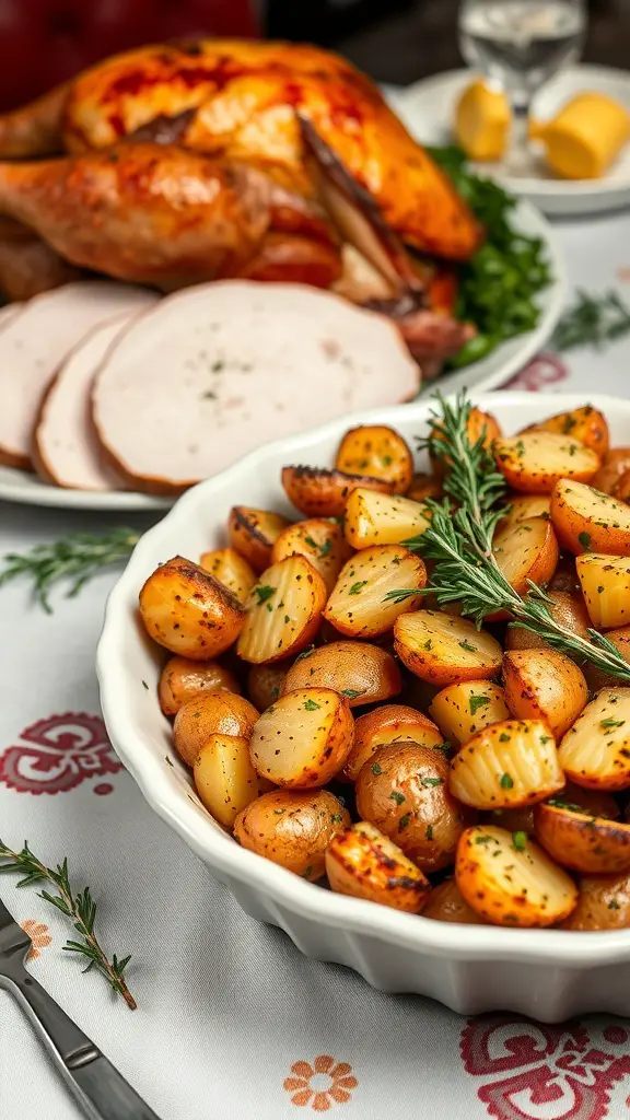 29+ Must-Try Thanksgiving Vegetable Sides for Your Holiday Feast 13 A bowl of herb roasted potatoes with fresh herbs, served alongside turkey and ham on a festive table.