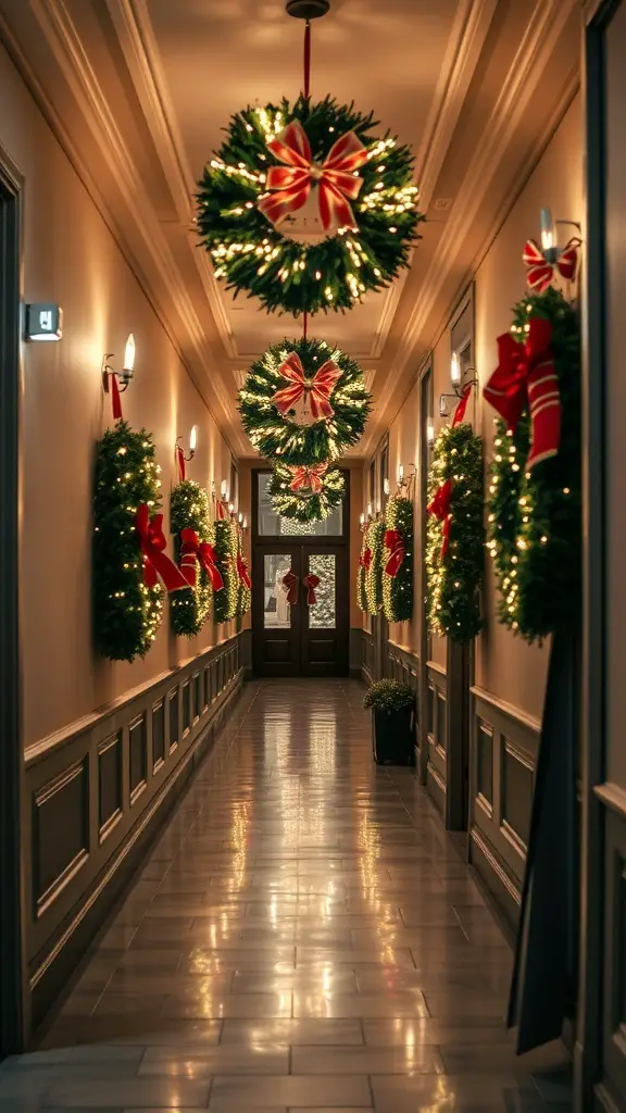29+ Magical Hallway Christmas Light Ideas to Brighten Your Home 13 A hallway decorated with wreaths featuring built-in lights and red bows.
