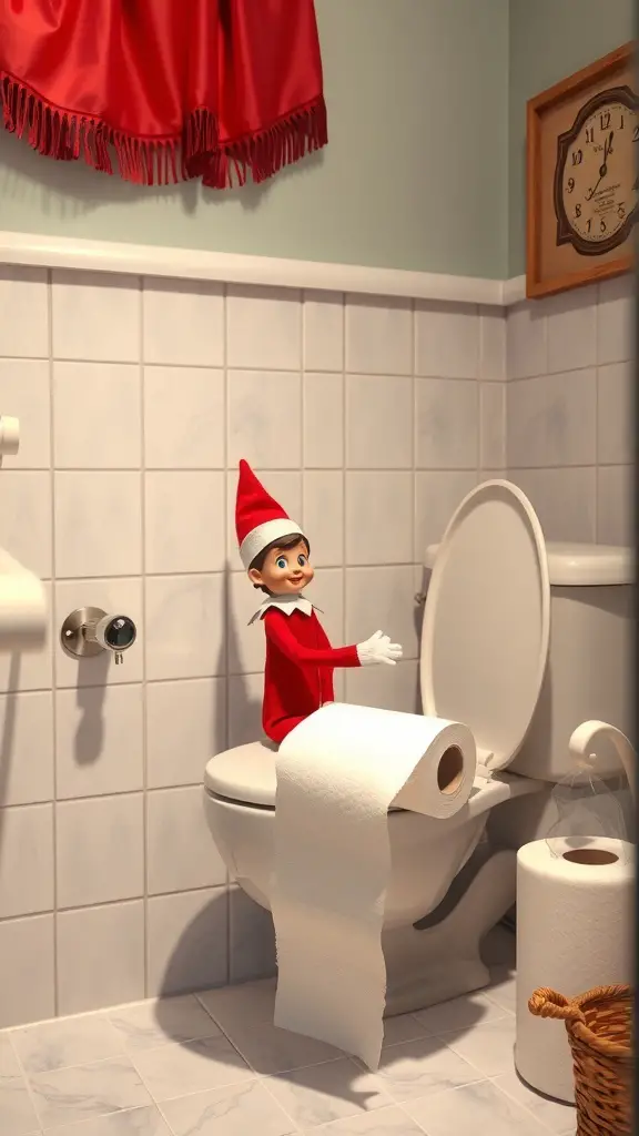 25+ Creative Elf on the Shelf Bathroom Ideas You Need to Try 4 Elf on the Shelf sitting on a toilet with an unraveled roll of toilet paper