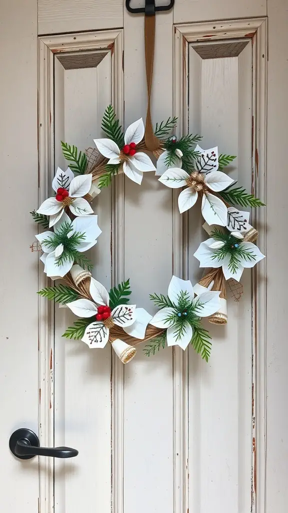 A beautiful DIY winter wreath decorated with white flowers, green leaves, and red berries, hanging on a door.