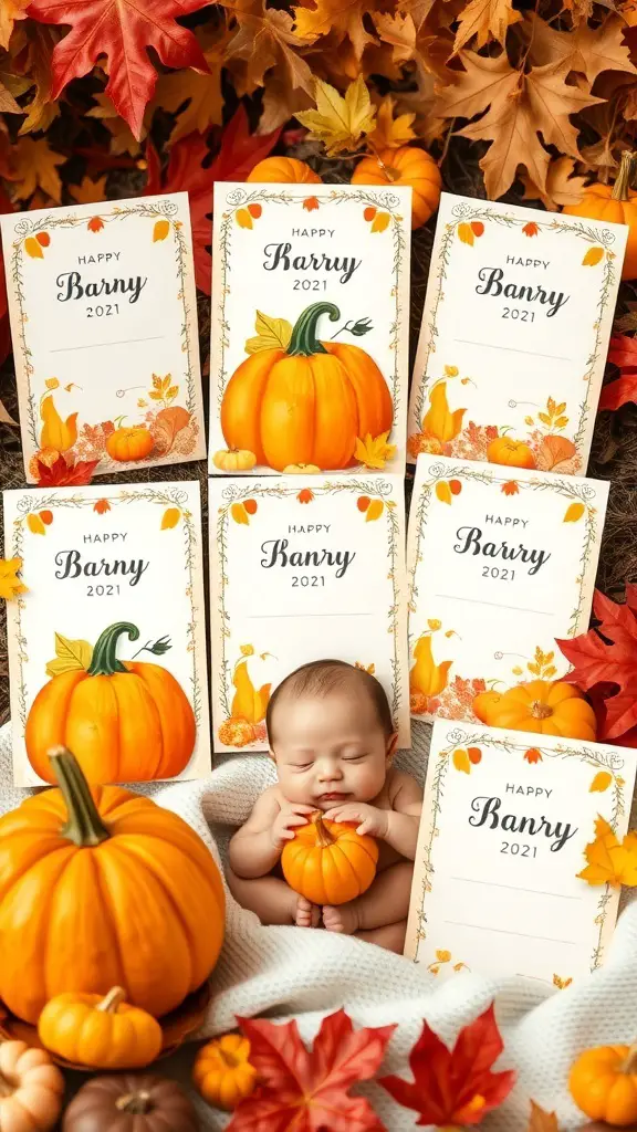 A cute baby surrounded by pumpkins and fall-themed announcement cards.