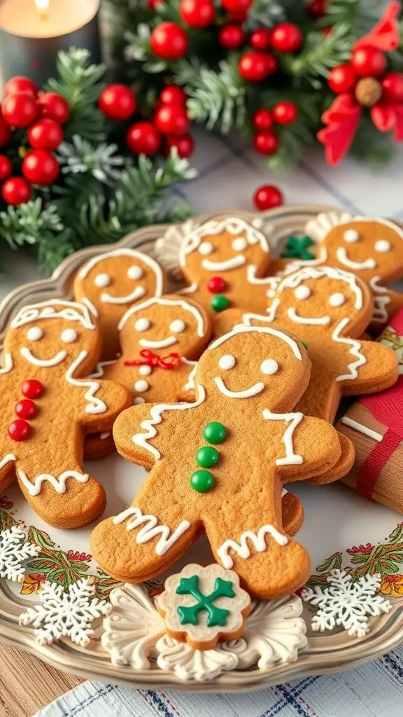 A plate of decorated gingerbread men cookies surrounded by festive decorations.