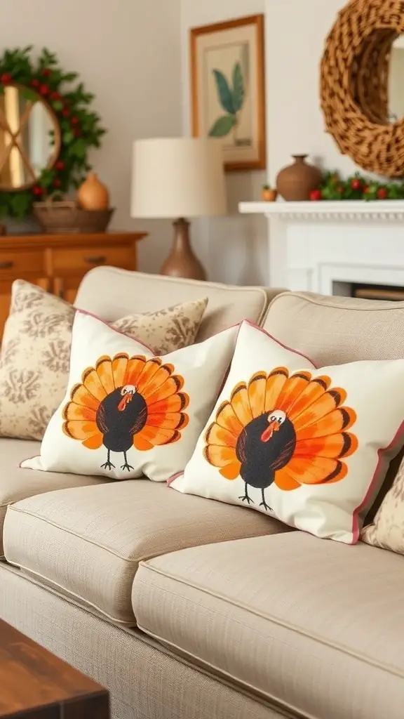 27+ Creative Turkey Crafts for Adults to Celebrate Thanksgiving 3 A cozy living room with turkey-themed pillows on a couch, decorated for Thanksgiving.