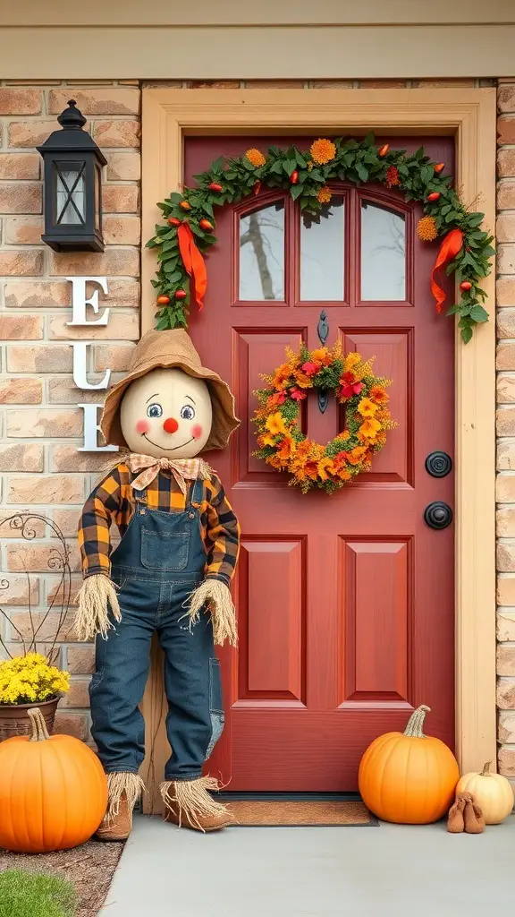 A cheerful scarecrow decoration standing by a red door adorned with a colorful wreath and pumpkins.