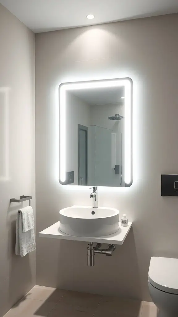 29+ Stylish Small Bathroom Mirror Ideas to Elevate Your Space 12 A small bathroom featuring a sleek mirror with integrated lighting above a modern sink.