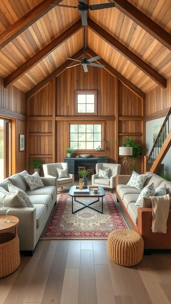 29+ Inspiring Barndominium Interior Ideas You’ll Love 12 Cozy family-friendly living area in a barndominium with wooden ceilings and comfortable seating.