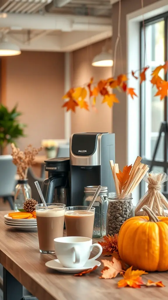 A cozy office coffee break setup with coffee drinks, a pumpkin, and autumn decorations.