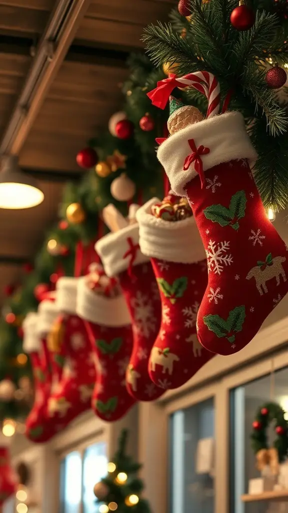 29+ Creative Christmas Ceiling Decoration Ideas to Festively Transform Your Home 3 A collection of red Christmas stockings hanging from the ceiling, decorated with festive designs.