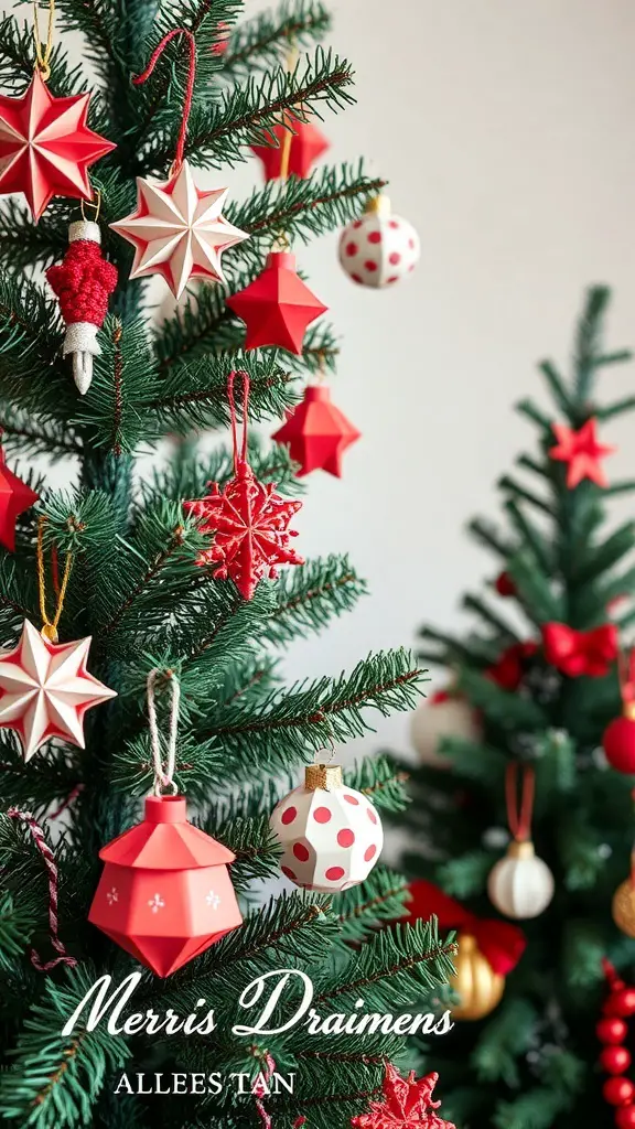 A beautifully decorated Christmas tree with red and white paper ornaments.