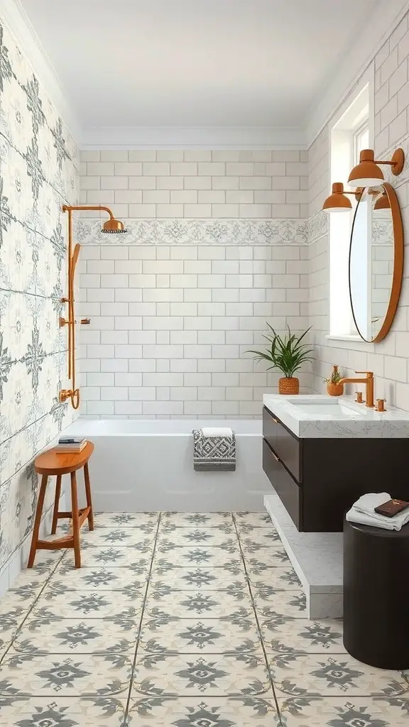 A stylish bathroom featuring patterned cement tiles on the floor, white subway tiles on the walls, and modern fixtures.