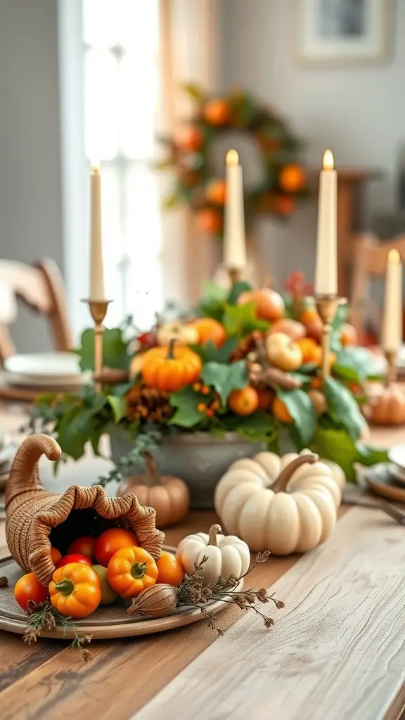 A beautifully decorated Thanksgiving table with pumpkins, a cornucopia, and candles.