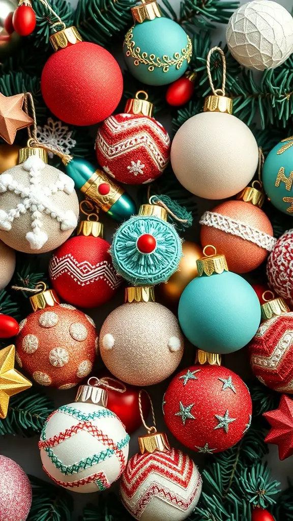 29+ Fun Christmas Activities for Babies to Celebrate the Holiday Season 4 A variety of colorful Christmas ornaments arranged together, showcasing different textures and designs.