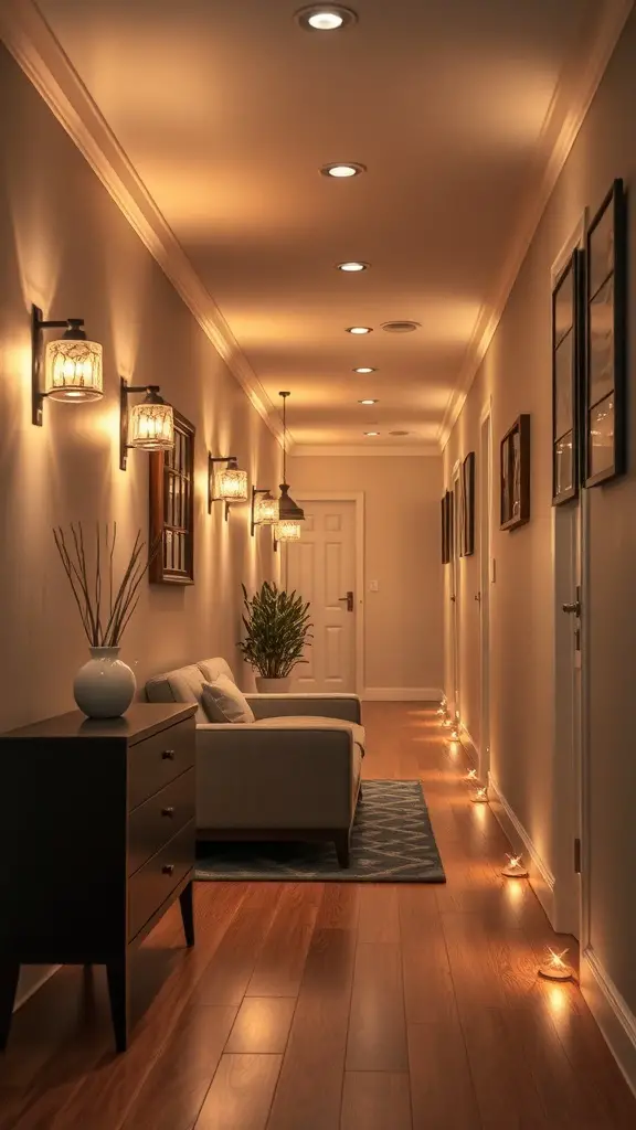 29+ Magical Hallway Christmas Light Ideas to Brighten Your Home 5 A hallway with warm battery-operated lights illuminating the space.