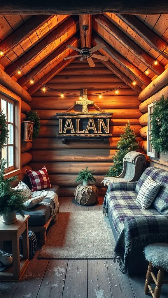 Cozy cabin interior with rustic decor, featuring wooden beams, plaid couch, and soft lighting.