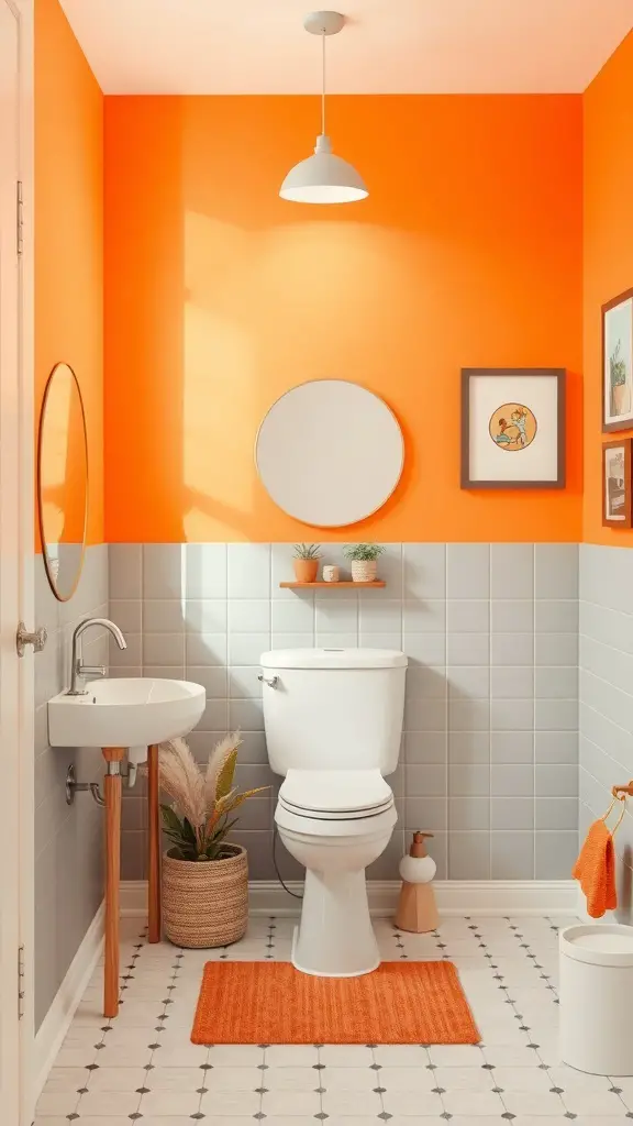 27+ Stunning Two-Tone Wall Paint Ideas to Transform Your Bathroom 12 A bathroom with bright orange walls and light gray tiles, featuring modern fixtures and playful decor.