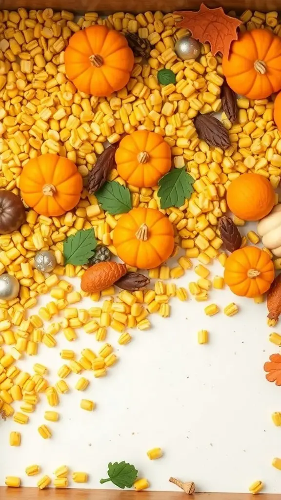 A colorful Thanksgiving sensory bin filled with corn kernels, tiny pumpkins, and autumn leaves.