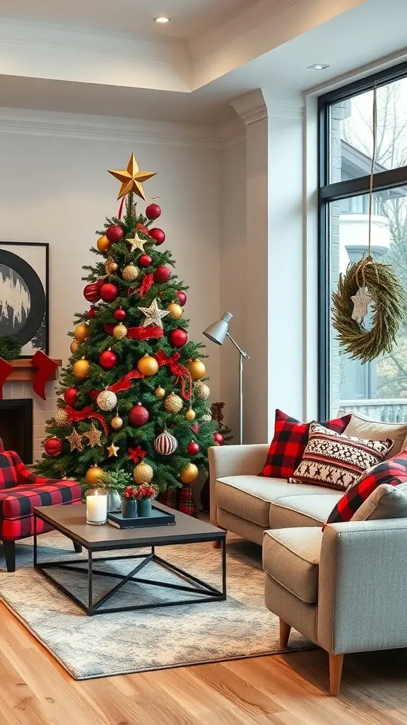 A cozy living room decorated for Christmas, featuring a buffalo plaid Christmas tree and festive decor.