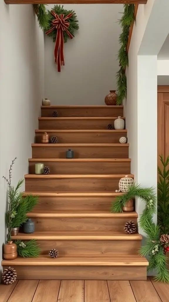 25+ Creative Christmas Staircase Decor Ideas to Transform Your Home 7 A staircase decorated with rustic wood and pine accents for Christmas, featuring a wreath and greenery.