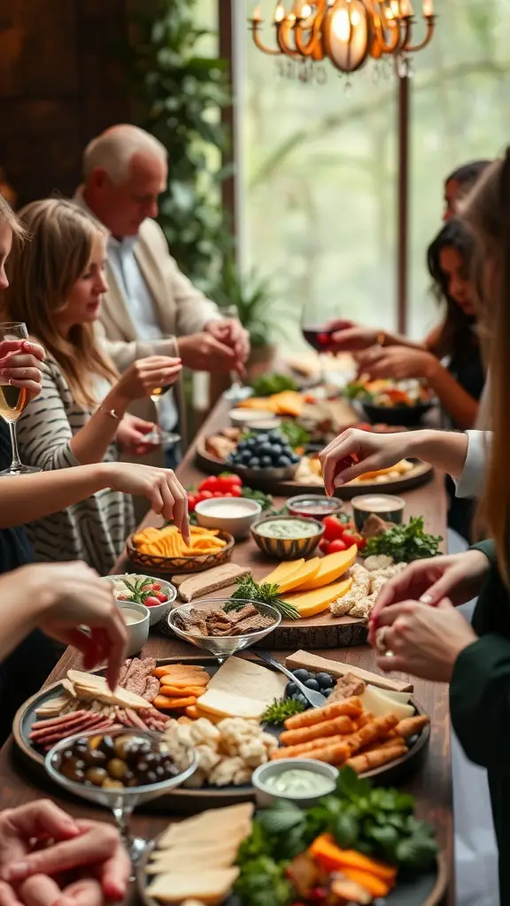 A group of people enjoying a charcuterie board filled with various meats, cheeses, fruits, and dips.