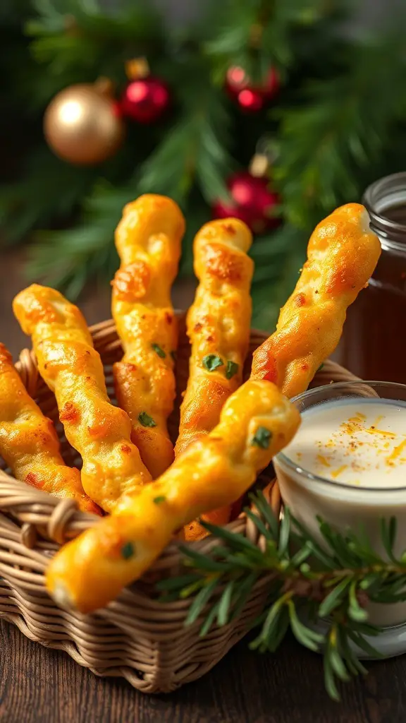 27+ Delicious Christmas Appetizers to Impress Your Guests 10 A basket of cheesy garlic breadsticks with a festive background