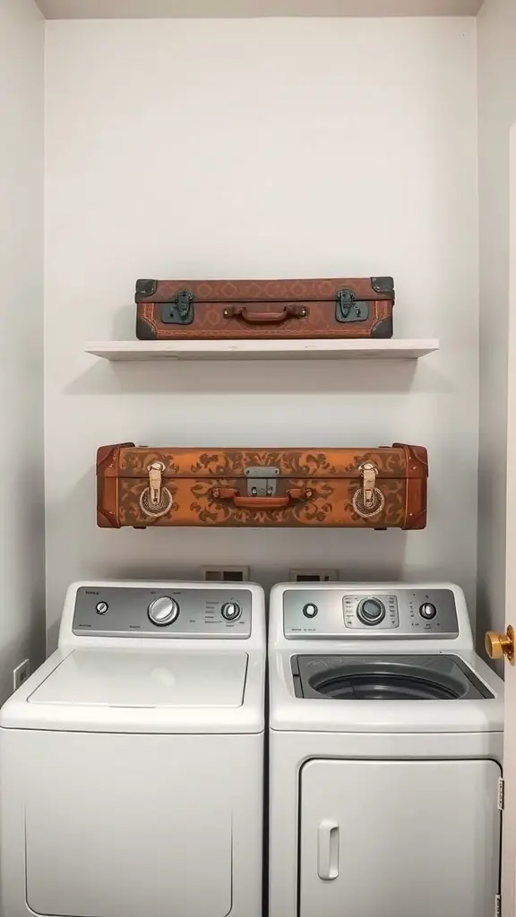 27+ Creative Over Washer and Dryer Shelf Ideas for a Stylish Laundry Room 13 Vintage suitcases displayed on a shelf above a washer and dryer.