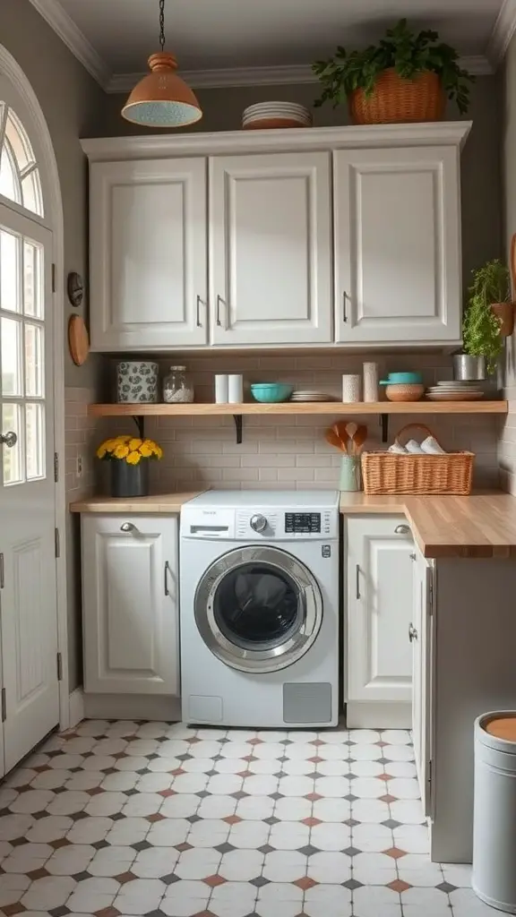 25+ Stunning Laundry Room Cabinet Ideas for a Chic and Organized Space 5 A vintage style laundry room with white cabinets, wooden countertop, and patterned flooring.