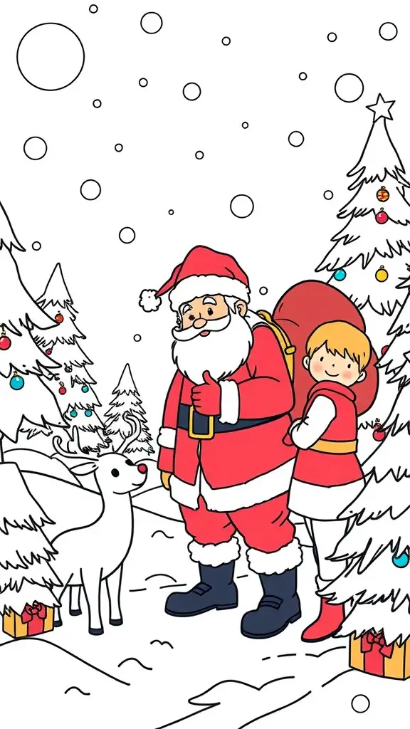 A coloring page featuring Santa Claus, a child, and a reindeer in a snowy landscape with Christmas trees.