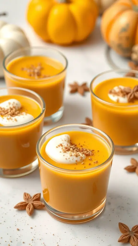 Four small glasses of pumpkin soup topped with cream and spices, with pumpkins in the background.