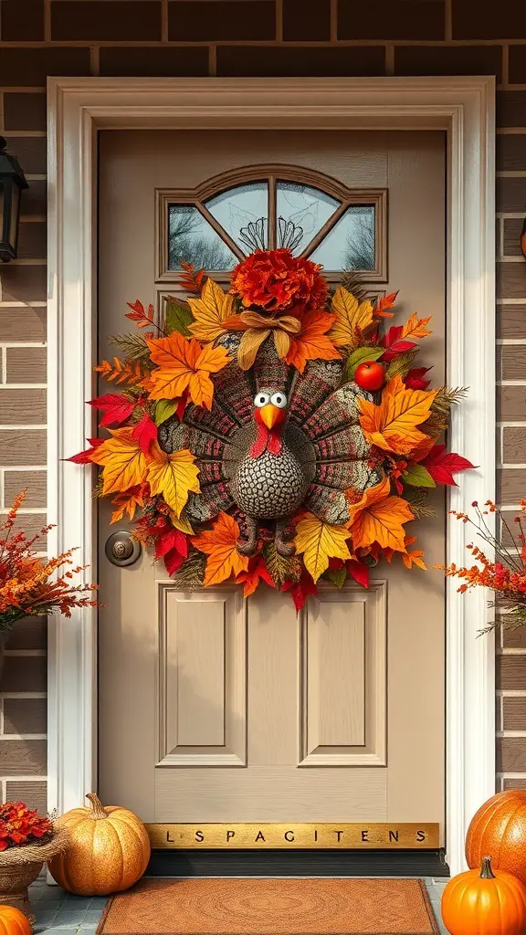 27+ Creative Turkey Crafts for Adults to Celebrate Thanksgiving 13 A colorful turkey wreath made of autumn leaves and a turkey figure, hanging on a front door.