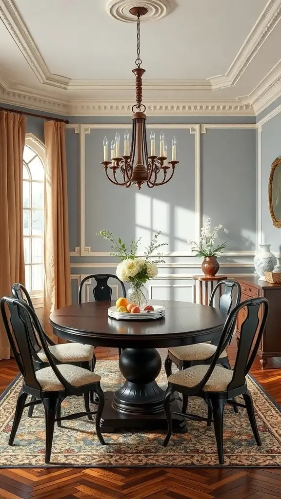 27+ Stunning Wall Molding Ideas to Transform Your Space 8 Elegant dining room featuring a chair rail, round table, and chandelier.